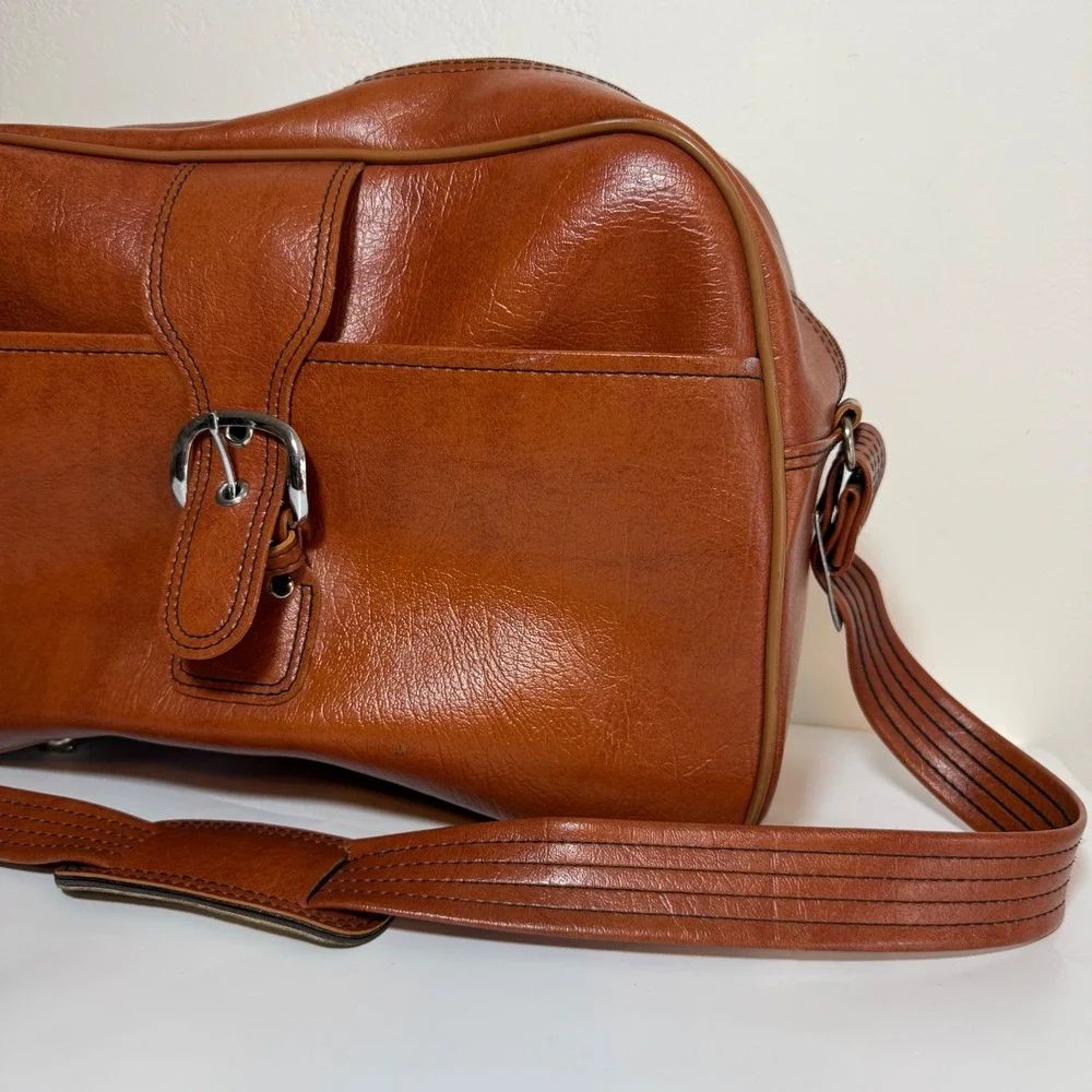F.W. Woolworth Vintage Flight Bag Brown Faux Leather 70s Retro Carry On Academia